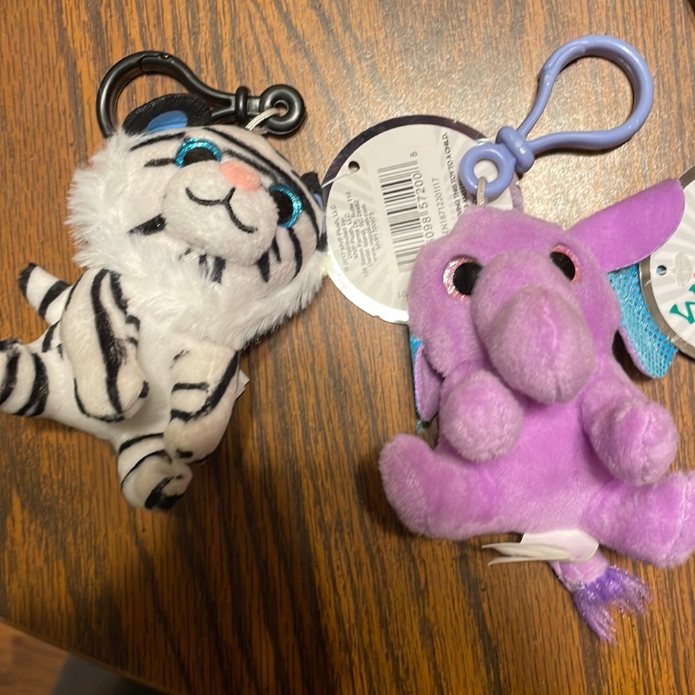 Winkeez keychains laney purple elephant and Samantha the white striped cat